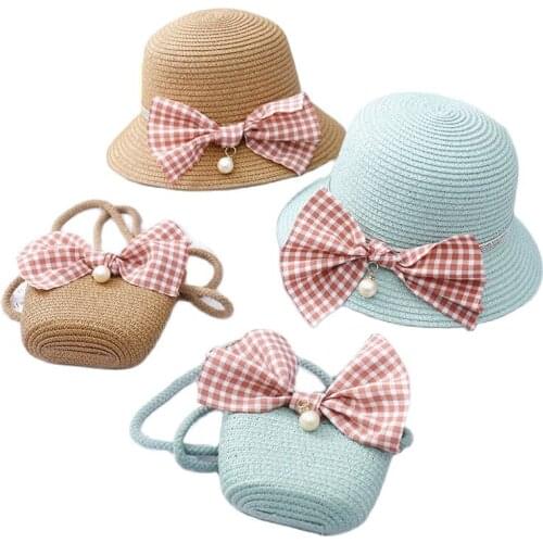 Hot summer kids princess girl casual bow plaid straw hat and bags Beach party cute sun hat caps panama