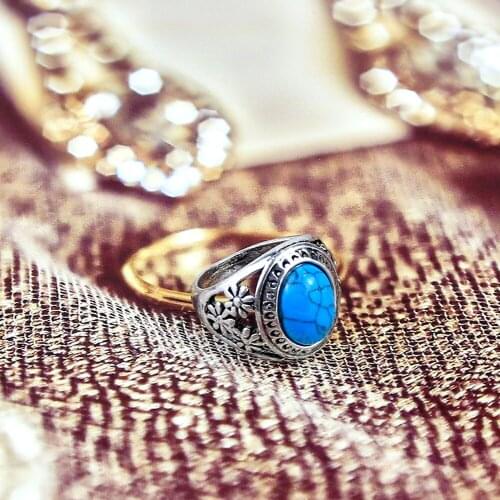 Sunspicems. Retro Silver Color Bohemia Ring Natural Stone Punk Jewelry
