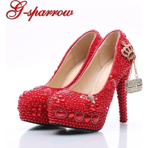 Handmade Wedding Shoes Red Pearl and Rhinestone Bride Shoes Round Toe Platform Women Party Prom High Heels Plus Size 11 and 12