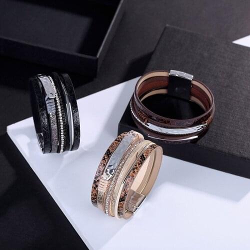 Boho PU Leather Bracelets & Bangles Wide Side Chain Magnetic Clasp Wrap Bracelet Women Fashion Party Dress Jewelry Birthday Gift
