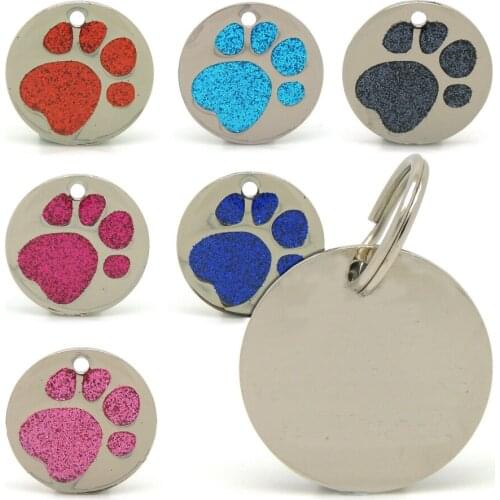 Zinc Alloy Pet Tags Round Tags with Sparkly Paw Print Dog Name Tags Bling Personalized Dog Cat ID Tags Mix Colors
