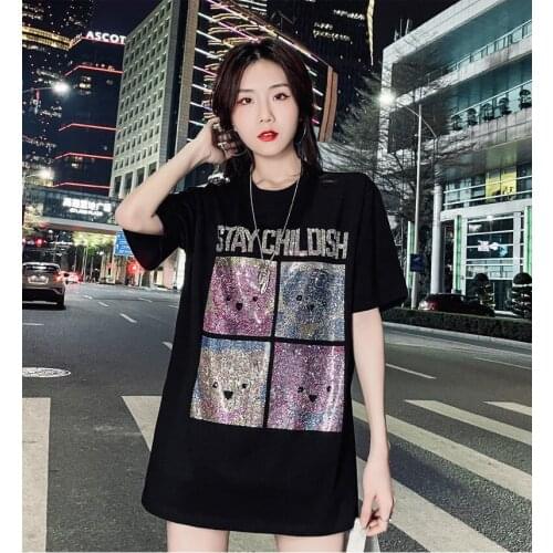 2021 New Large Size Women Summer Length T-shirt Short Sleeve loose Diamond T-shirt Fashion Summer Drilling Short Sleeves