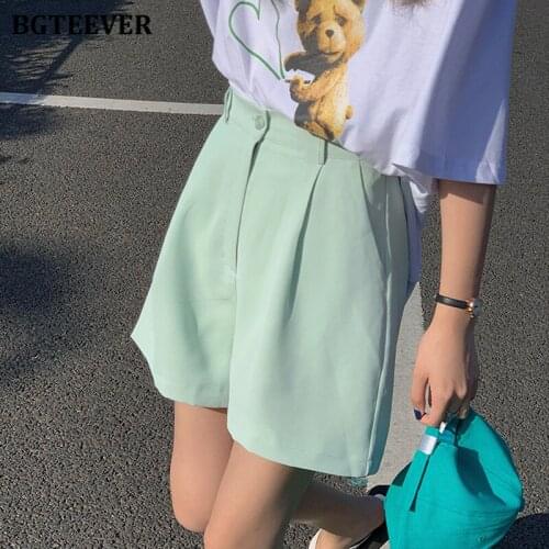 BGTEEVER Chic High Waist Loose Pockets Women Wide Leg Suits Shorts 2021 Spring Summer Solid Casual Female Shorts