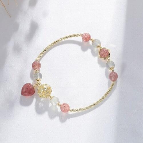 Hollow Ball Love Heart Pendant Natural Strawberry Crystal Moonstones Beaded Bracelets Bangles for Women Fashion Jewelry YBR568