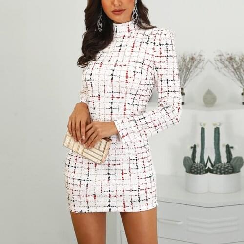 Office Lady Spring Plaid Print Work Dress Ladies Long Sleeve Mini Pencil Bodycon Dress