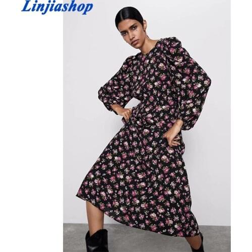 Spring women long dresses chiffon black floral print vintage party loose dresses girl draped vestidos