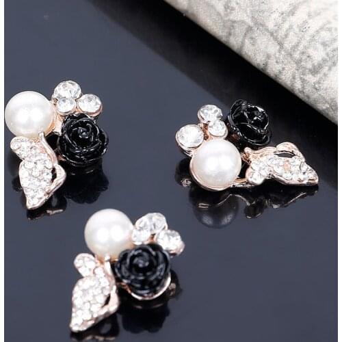 2016New 100Pcs Black Rose Flower Pearl Rhinestone Buttons for DIY Hair and Clothes Accessories HZ183