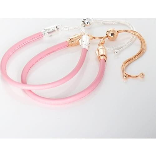 2021 New Free Shipping 925 Sterling Silver Pink Leather Moments Bracelet Fit Original Charms Bead For Women DIY Jewelry Bangle