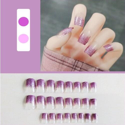 24pcs Glitter Coffin Fake Nail Patch Gradient Color Glue Type Removable Long Paragraph Fashion Manicure False Nail Patch NE