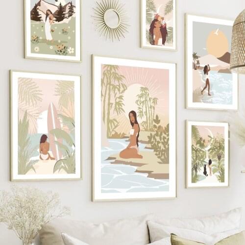 Abstract Fashion Lady Beach Surf Girl Tropical Plant Wall Art Print Canvas Painting Nordic Poster Decor Pictures For Living Room