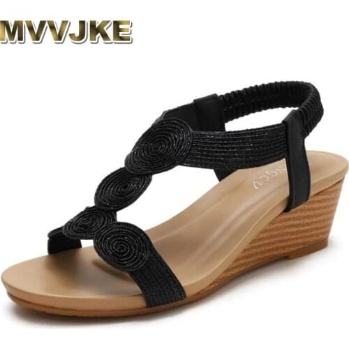 MVVJKE2021 Roman Slope Heel Sandals Summer Word with Comfortable Casual Large Size Womens Shoes Mid-heel Bohemian Leather Shoes