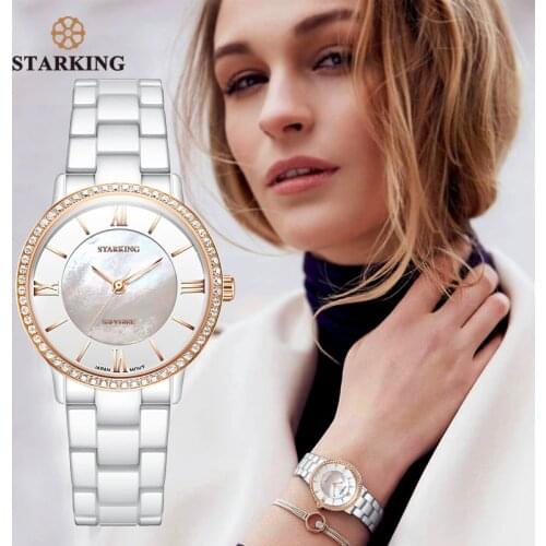 STARKING Brand Luxury Women Watches White Ceramic Diamond Ladies Watch Gift Sapphire Quartz Wristwatch Relogios Femininos Clock