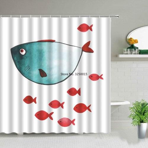 Colorful Cartoons Fish Shark Shower Curtains Ocean Life Childrens Bathroom Home Decor Cloth Curtain Set Waterproof Bath Screens