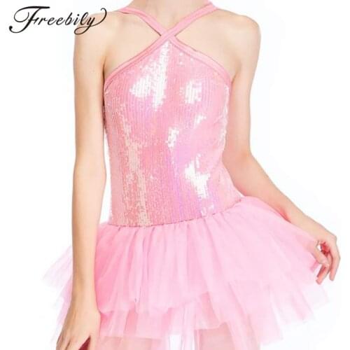 Children Kids Girls Ballet Dress Sleeveless Halter Sequins Ballet Dance Gymnastics Leotard Tutu Dress For Girls Dance Costume