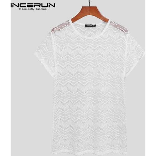 Men T Shirt Mesh Lace See Through Streetwear O Neck Breathable Short Sleeve Sexy Tee Tops Party Casual Camisetas S-5XL INCERUN