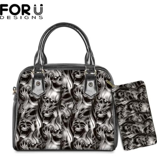 FORUDESIGNS Brand Women Pu Totes Bags Gothic Skull Pattern Luxury Designer Lady Handbags With Wallets Crossbody Bolsa Feminina