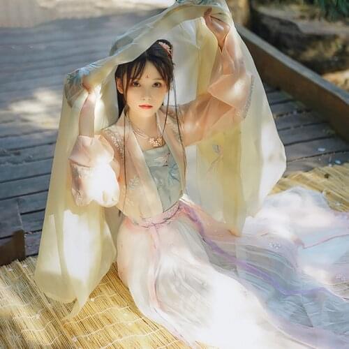 Cardigan Hanfu women daily waist skirt spring summer fairy gas thin straps big sleeve shirt elegant fairy chinese hanfu dress