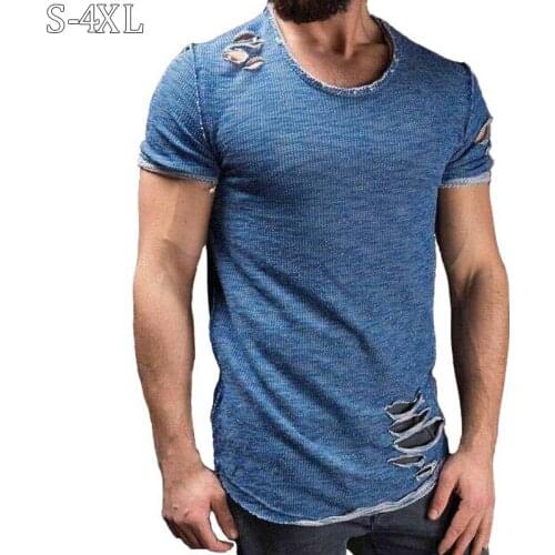 Plus Size 4XL Summer Streetwear Hole T Shirts Men Casual Short Sleeve Solid Men T Shirt Slim Fit Tee Shirt Homme New Men Clothes