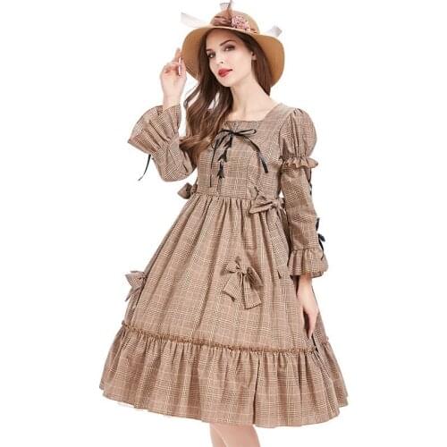 European and American Pastoral Khaki Plaid Lolita Dress American Country Daily Dress with Detachable Sleeves