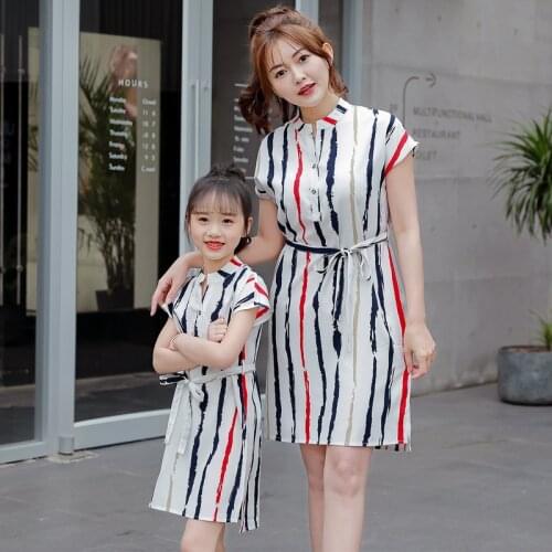 New summer girls' chiffon long dress fashion mother and daughter striped print waist dress parent child Chiffon striped dress
