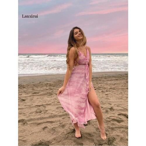 High Low Chiffon Beach Dress Summer Print Midi Dress V Neck Backless Pink Ladies Dresses Split Party Women Sexy Robe