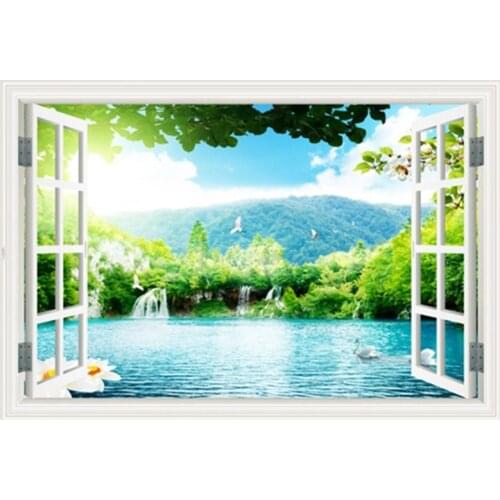 Outside the fake window waterfall 3d wall art vinyl mural stickers home decoration mountain water landscape wallpaper 70*50cm