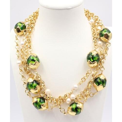 GuaiGuai Jewelry 4 Rows Natural Pearl Green Moss Glass Coloured Glaze Gold Plated Stone Beads Chain Necklace Handmade For Women