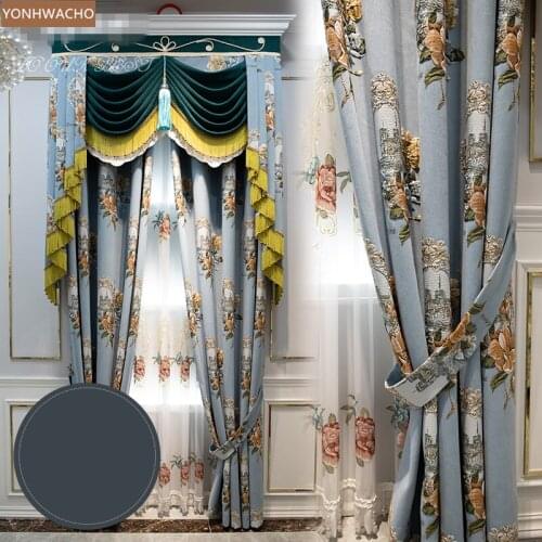 Custom curtain European chenille embossed jacquard luxury living room blue cloth blackout curtain valance tulle panel C502