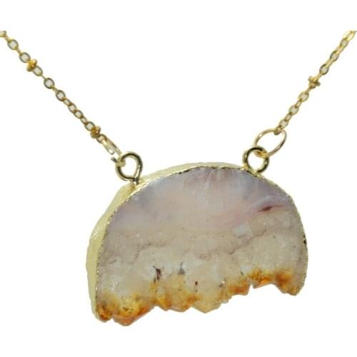 Yellow Semicircle druzy stone pendant necklace raw cluster natural crystal quartz geode druzy connector necklace with gold plate