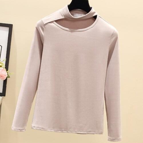 Women T Shirt 2021 New Hollow Out Half High Collar Tshirt Femme Cotton All-match Long Sleeve Top Solid Slim Tees Spring Autumn