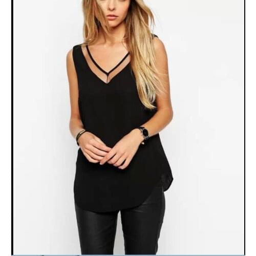Summer loose chiffon vest female Sex sense V-neck hollow sleeveless shirt temptation halter female T-shirt S-3XL