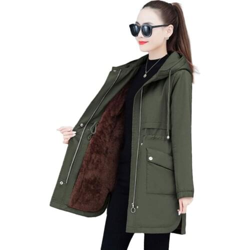 Autumn Winter Jacket Coat Plus Velvet Thicken Plus Size Womens Windbreaker Loose Mid-Length Hooded Overcoat Casual Ladies Coat