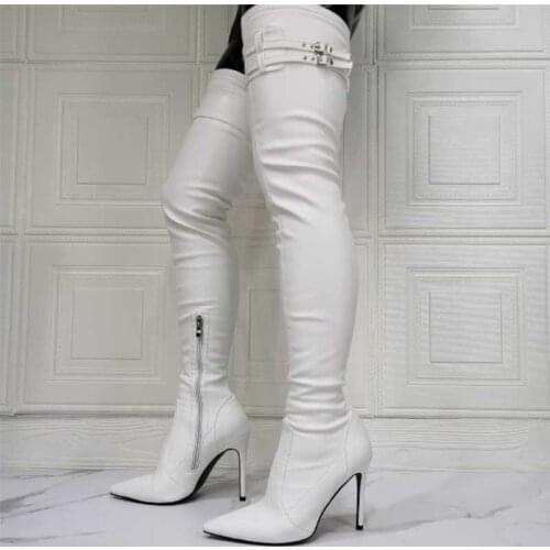 2021 Autumn Solid Buckle Strap Decor Side Zip Women Thigh High Boots Stiletto Ladies Pointed Toe Large Size 47 Sexy Long Booties