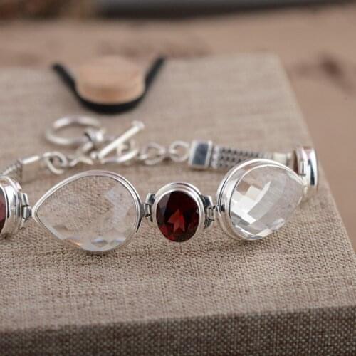 FNJ 925 Silver Bracelet White Crystal Garnet 17cm Link Chain S925 Thai Silver Bracelets for Women Jewelry