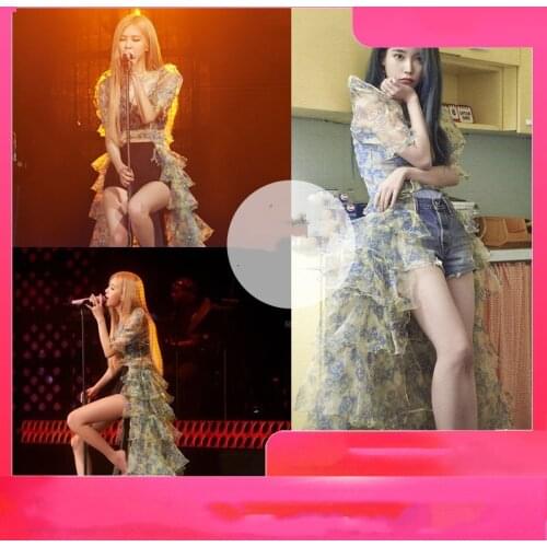 KPOP TWICE IU ROSE concert new puff sleeve front Short back long dress women party Elegant temperament loose High waist dresses