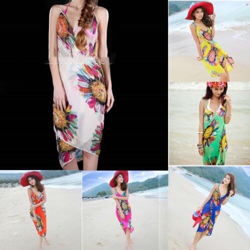 2020 Bohemian Women Summer Beach Dress Bikini Cover-ups Swim Wear Cover Up Cotton Tunic Sexy Deep V-Neck Robe Caftan Summer