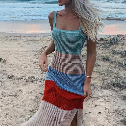 2021 New Low Cut Women Dress Beach Cover-ups Crochet Knitted Tunic Bikini Cover up Swim Striped Beachwear Split Long Kaftan