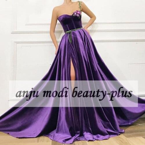 2021 Purple Long Velvet Appliques Prom Dresses One Shoulder High Split Side Formal Evening Party Ball Gown Robe De Soiree