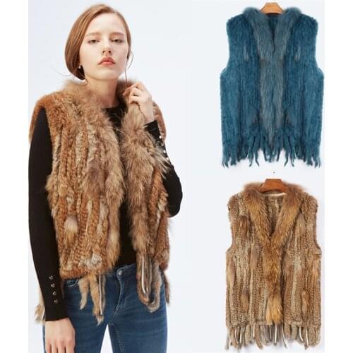 Genuine Natural Rabbit Fur Vest With Raccoon Fur Collar Women Party Waistcoat jackets knitted Outwear Lady Fashion Vest Tassels