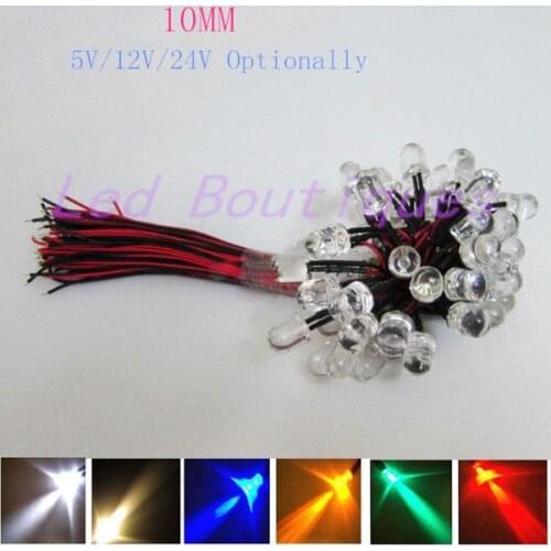 100PCS DC5V/12V/24V Optionally 3mm/5mm/10mm Red/blue/green/white/yellow color 20cm wire length Pre-Wired LED