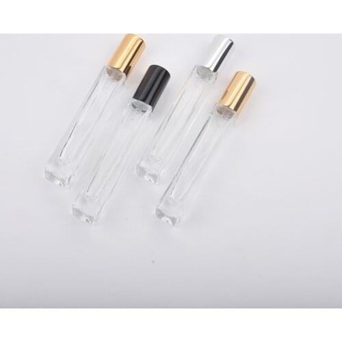 200pcs/lot 10ml Transparent Square Round Glass Spray Perfume Bottle Refillable Empty Bottle Thick Bottom Silver Black Gold Cap