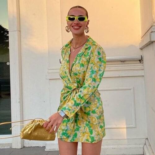 Ardm Elegant V Neck Floral Print Long Sleeve Tie A Knot Dresses For Women 2021 Party Club Mini Dress Vestidos Mujer