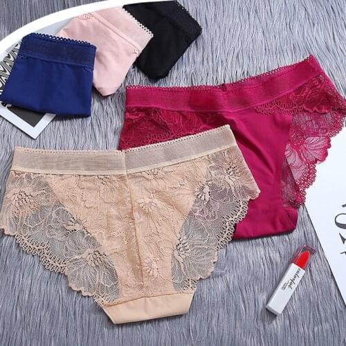 Seamless Panties for Women Ultra Thin Breathable Lace Briefs Mid Waist Floral Mesh Womens Underwear Cotton Bottom S-XL