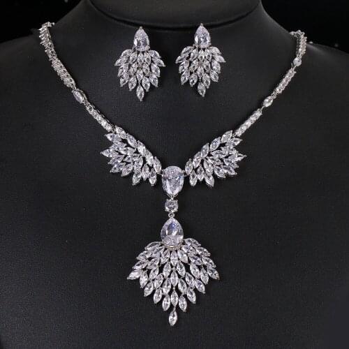 Ekopdee Elegant Romantic Feather Shape Cubic Zirconia Necklace Earring Set Fashion Jewelry For Women Valentines Anniversary Gift