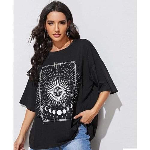 Sun print Large Pattern vintage clothes T Shirts for Women O-Neck Loose Oversized Cotton Fashion Girls album Streetwear top punk
