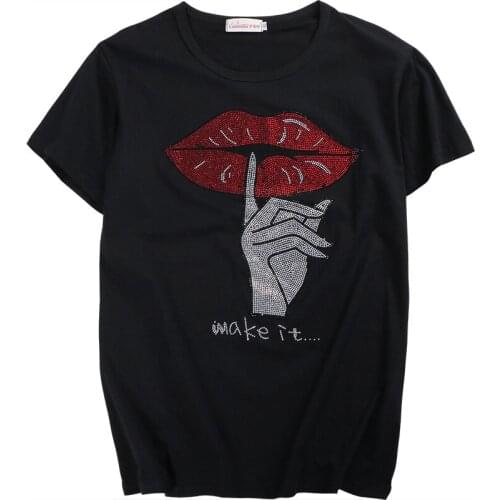 Womens T-shirts Summer Cool Lip Diamond Drilling T shirts Fashion O-neck Short Sleeve Harajuku T-shirt White Tops Tees T9039
