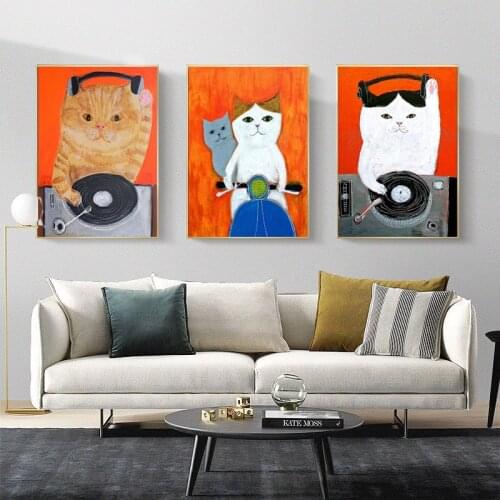 Funny Cartoon Cat Play Guitar Posters and Prints Canvas Painting Wall Picture for Living Room Kids Bedroom Home Decor Nursery