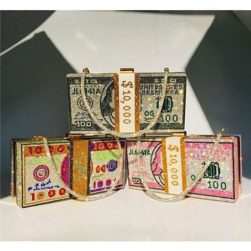 Money Clutch Rhinestone Purse 10000 Dollars Stack Of Cash Evening Handbags Shoulder Wedding Dinner Bag