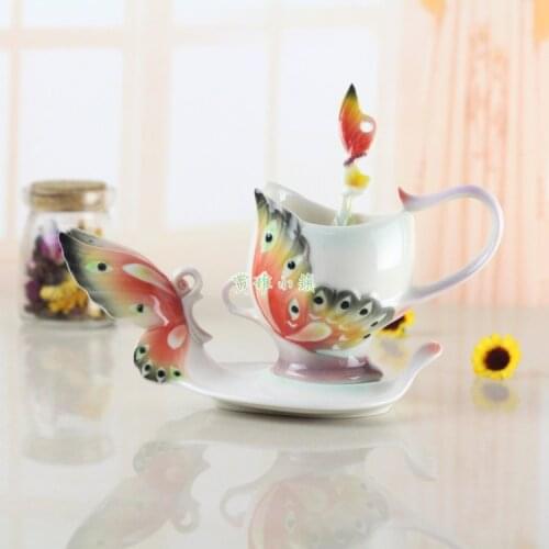 Colorful Butterfly Coffee Mug Set Porcelain Tea Milk Cup Creative Bone China Caneca Colored Enamel Copo