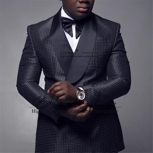 Handsome Black Checkered Dots Men Suit with Double Breasted for Wedding Slim Fit Groom Tuxedo Costume Homme 2 Piece(Jacket+Pant)
